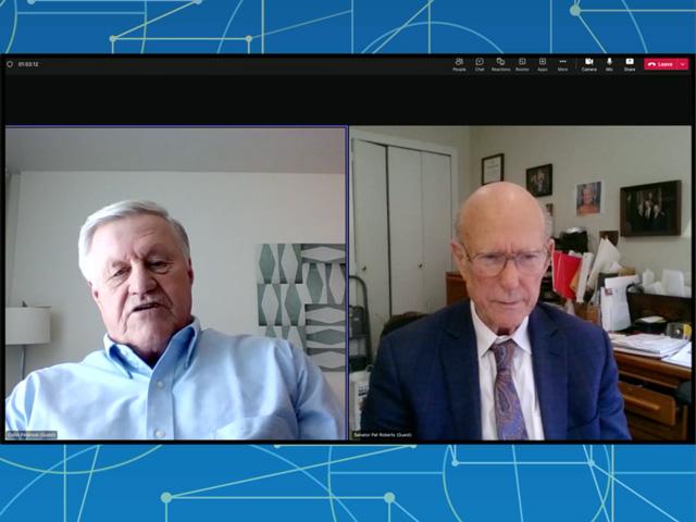 Former Rep. Collin Peterson, a Minnesota Democrat, joined retired Sen. Pat Roberts, a Kansas Republican, at the DTN Virtual Ag Summit. The two congressional stalwarts talked about the congressional focus on farm bills, demands on funds and regulatory and labor issues facing farmers. (DTN screen capture from the Virtual Ag Summit) 