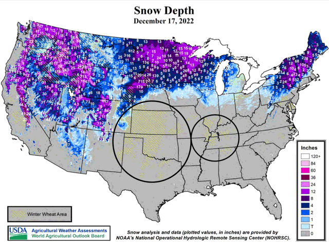Almost all winter wheat areas in the Southern Plains had no snow cover in mid-December. (NOAA/USDA graphic)