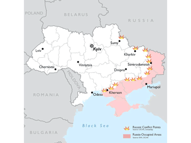 A map from the U.S. Agency for International Development (USAID) earlier this month showing the front-line battles and areas where Russia has taken control in the past year. Ukrainian farmers are trying to continue planting crops, but they struggle with basic inputs and financial losses. 