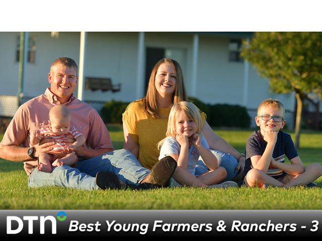 It is important to Bryant and Rachel Kagay that their children grow up with the space and values of a farming life. The younger Kagays (from left to right) are Hyatt, Kinsley and Parker. (DTN/Progressive Farmer photo by Jim Patrico)