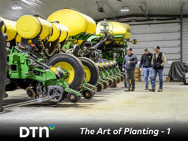 Stuart Sanderson (from left), Mike Henderson and Chad Henderson make final inspections on their planters. (DTN/Progressive Farmer photo by Brent Warren)