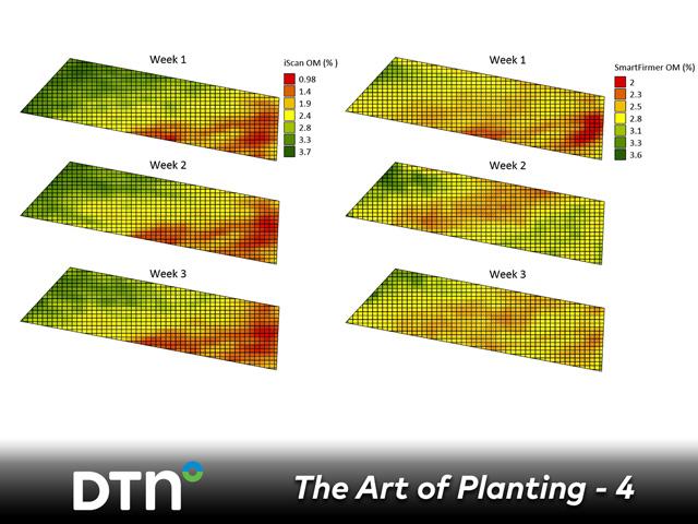 Tests by USDA-ARS researchers reveal the Veris Technology&#039;s iScan unit provides more consistent organic matter maps (left) than Precision Planting&#039;s SmartFirmer. (USDA-ARS)