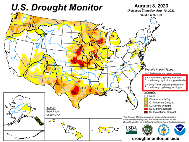 The most recent map of the U.S. Drought Monitor shows widespread drought across areas that have seen heavy rainfall recently. A box around the indicators S and L in the legend may tell the story why. (National Drought Mitigation Center graphic)