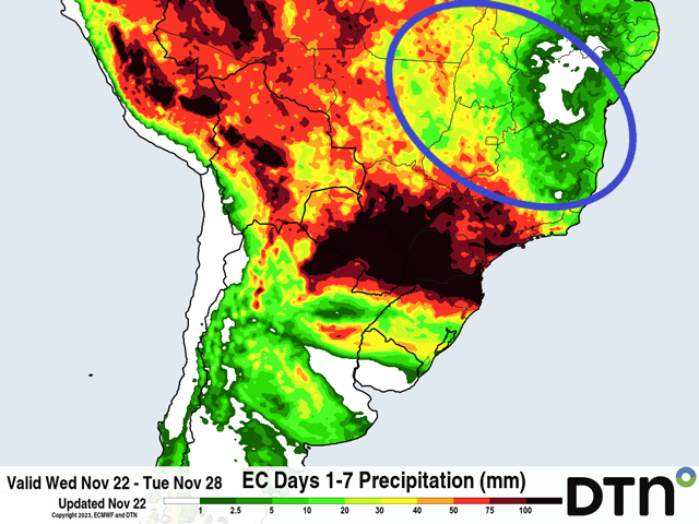 Rainfall forecast through Nov. 28 is widespread across Brazil, but there are some notable pockets of dryness in the forecast. And some areas in central Brazil may not get enough rain (circled). (DTN graphic)