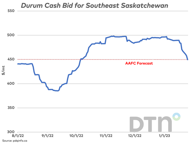 Pdqinfo&#039;s cash data shows the No. 1 CWAD durum bid for the southeast Saskatchewan region falling for a seventh consecutive day as of Jan. 25 to $449.75/mt, after failing to crack the $500/mt level in Nov/Dec. AAFC has recently revised their average Saskatchewan bid for the 2022-23 crop year $10/mt higher to $450/mt. (DTN graphic by Cliff Jamieson)