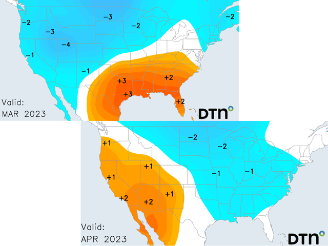 DTN's outlook for March and April temperatures has below normal values, suggesting a cool and slow start to fieldwork for 2023 row crops. (DTN graphic)