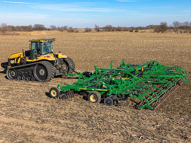 The Great Plains VT1100 vertical tillage tool features a stronger frame to support finishing attachments and heavier transport tires and axles. Producers can choose from a new chopper reel option, a new double basket attachment and 22-inch straight turbo blades. (Photo courtesy of Great Plains)