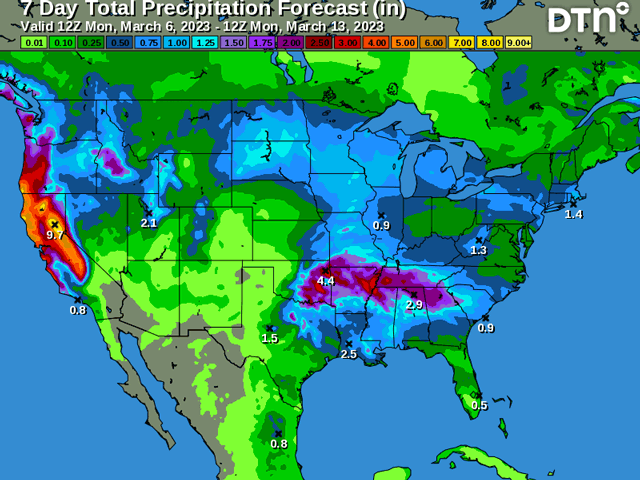 Widespread moderate to heavy precipitation is expected over the next week from coast-to-coast, except in the southwestern Plains. (DTN graphic)