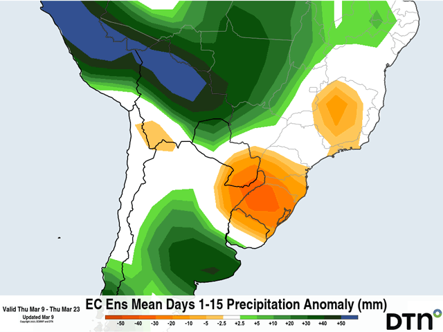 Argentina will get some help with above-normal precipitation for mid-March. But can it turn crop conditions around? (DTN graphic)