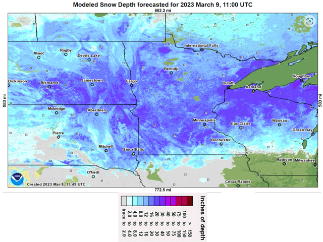 Early March snow depth of close to two feet is widespread from the central Dakotas to the northern Great Lakes.  (NOAA map)