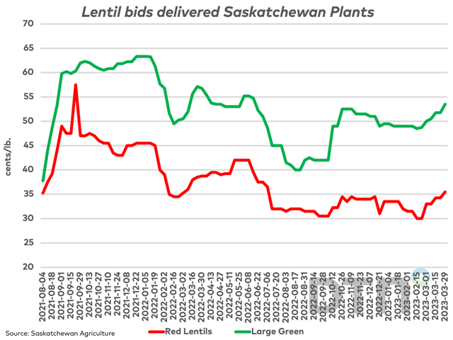 The green line represents the bid for No. 1 large green lentils delivered Saskatchewan plants, while the red line represents the trend in red lentils. Both reached crop-year highs this week. (DTN graphic by Cliff Jamieson)