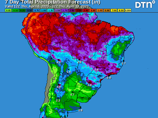 Briefly better rainfall in central Brazil is a needed boost after a period of dryness. (DTN graphic)
