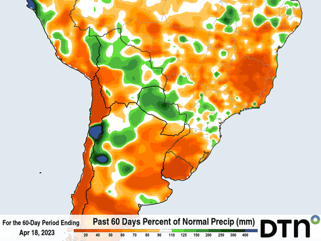 Though below normal for much of Brazil's safrinha corn areas, rainfall over the last 60 days was close enough to normal at a relatively consistent clip to keep soil moisture elevated. (DTN graphic)