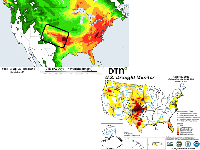 Forecast precipitation for the Southern Plains drought areas looks promising to lessen the impacts of the drought, but not eliminate it. (DTN/U.S. Drought Monitor graphics)
