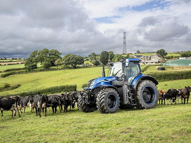 New Holland&#039;s T7 Methane tractor, dairy cattle and covered lagoons are parts of a system that produces an on-farm source of methane fuel. (Photo courtesy of New Holland) 