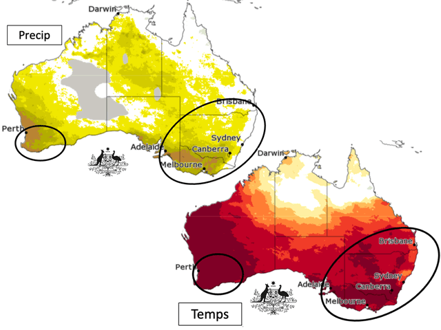 July through September bring a very high probability for Australia wheat region maximum temperatures to be in the top 20% of the historical range. Meanwhile, precipitation in western and southern wheat areas has a very high probability of being in the lowest 20% of the historical range. (Australia Bureau of Meteorology graphic) 
