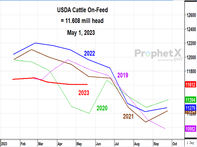 Cattle and calves on feed for the slaughter market in the United States for feedlots with capacity of 1,000 or more head totaled 11.6 million head on May 1, 2023, 3% below a year ago. (DTN ProphetX chart)