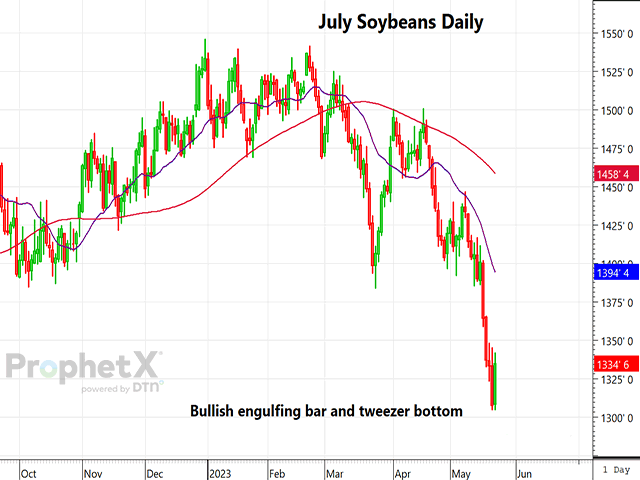 The chart above is a daily chart of July 2023 soybean futures, showing two possible bullish reversal signals early on Monday. (DTN ProphetX chart) 