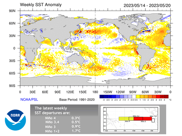 Sea-surface temperatures in the tropical Pacific Ocean are above normal and on the cusp of El Nino classification in the 3.4 region, the standard zone for analyzing the El Nino Southern Oscillation (ENSO). (CPC/NOAA graphics)