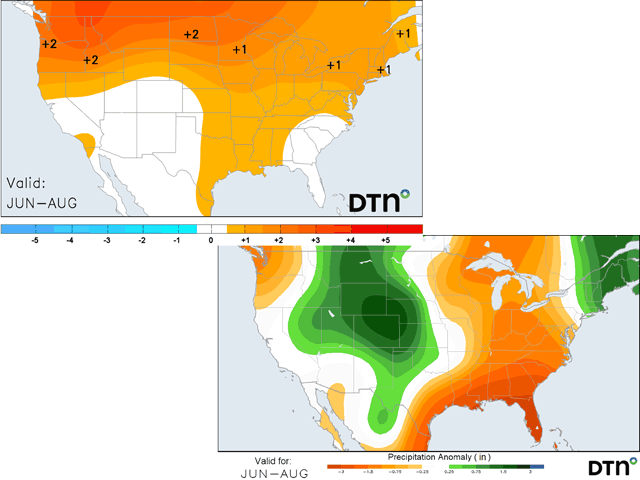 The summer weather pattern should be quite variable in terms of precipitation and temperature. The forecast shown is heavily influenced by the forecast for the first week of June, with more variable conditions afterward. Temperature anomaly is in degrees Fahrenheit. (DTN graphics)