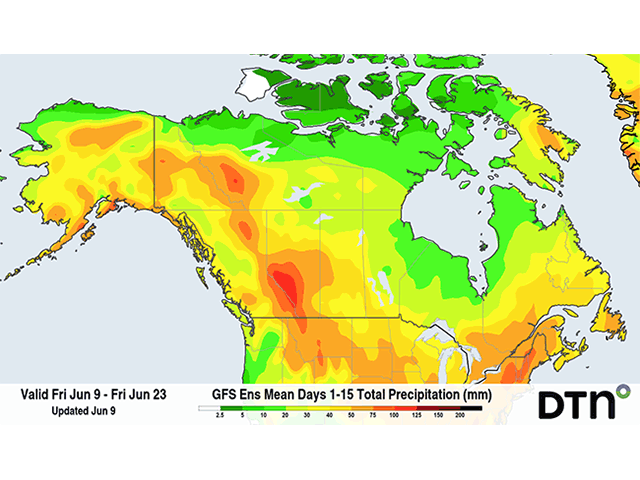 During the next two weeks, a general 30-50 millimeters of rain are forecast across the majority of the Canadian Prairies with heavier amounts in the drier parts of Alberta. (DTN graphic)