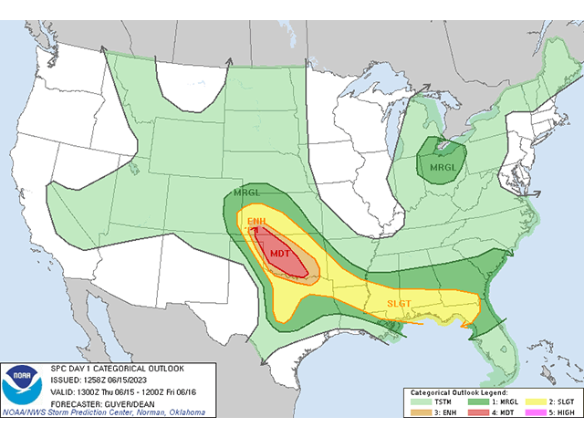 The Storm Prediction Center has issued another moderate risk of severe weather, this time for southwestern Kansas into Oklahoma, including a damaging line of storms that could be classified as a derecho. (NOAA graphic)