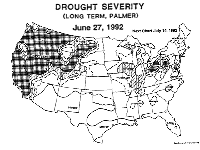 This illustration, taken from USDA&#039;s Crop Production report of July 9, 1992, shows Illinois and nearby areas in moderate to severe drought in late June, bad enough to give Illinois corn a 28% good-to-excellent rating and Illinois soybeans a 30% rating on June 14. Despite the poor start, you might be surprised to hear how the year ended. (USDA illustration). 