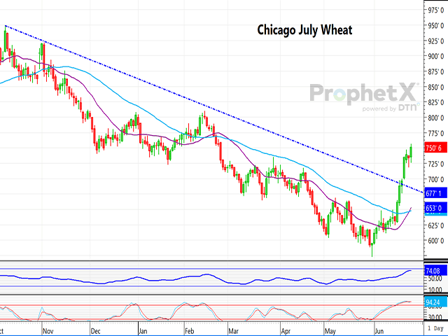 The chart above is a daily chart of July Chicago wheat, showing the market above the 100-day moving average and breaking above a long-term down trendline.  (DTN ProphetX chart)