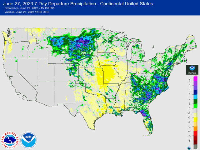 Precipitation over the last week will count toward this week's U.S. Drought Monitor, which will be released Thursday, June 29. Areas in green and blue should see improvements while areas in yellow are likely to see degradation to some degree. (NOAA graphic)