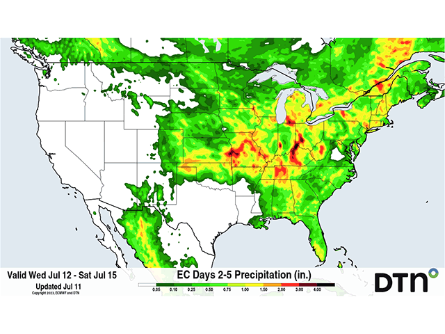 Forecast precipitation for July 12-15 hints at areas of one to three inches of rain for the southern and eastern Corn Belt. (DTN graphic)