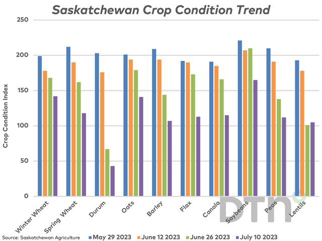 Saskatchewan Crop Condition Index fell for almost all of the select crops over the past two weeks (purple bars) as dry conditions are seen expanding. (DTN graphic by Cliff Jamieson)