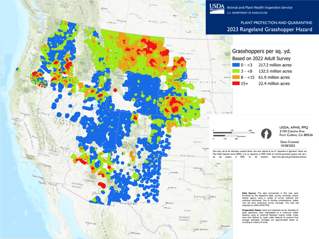 This summer&#039;s grasshopper problem has actually been years in the making and was warned about last fall, when the 2023 Rangeland Grasshopper Hazard Map was released based on the 2022 adult survey. (APHIS graphic)