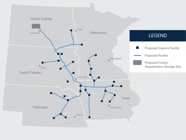 The Summit Carbon Solutions pipeline would cross five states, though it has struggled to get permit approval in North Dakota and South Dakota. Dueling groups within South Dakota agriculture have formed coalitions and alliances to oppose carbon pipelines or find a way they can be approved. (Map courtesy of Summit Carbon Solutions) 