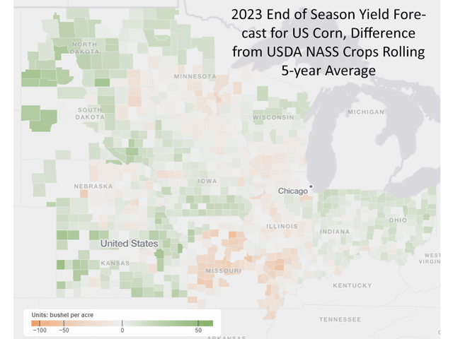 This map shows this year&#039;s yield forecasts compared to the rolling five-year average, highlighting areas of higher-than-normal yield potential in green and lower potential in brown. (Map courtesy of Gro Intelligence) 