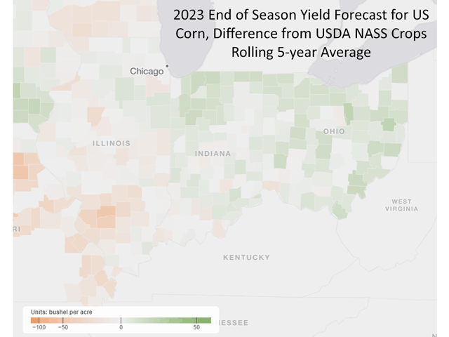 This map shows this year&#039;s yield forecasts compared to the rolling five-year average, highlighting areas of higher-than-normal yield potential in green and lower potential in brown. (Map courtesy of Gro Intelligence)