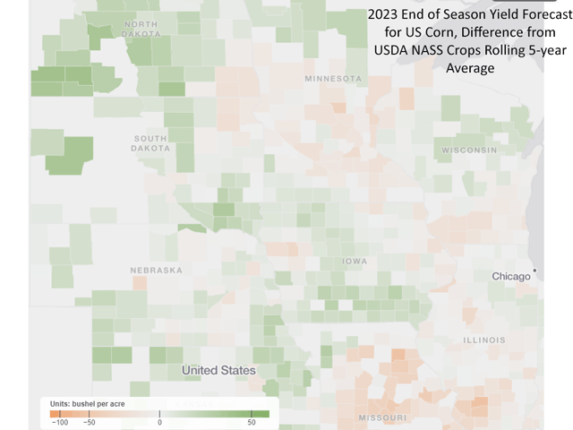 This map shows this year&#039;s yield forecasts compared to the rolling five-year average, highlighting areas of higher-than-normal yield potential in green and lower potential in brown. (Map courtesy of Gro Intelligence)