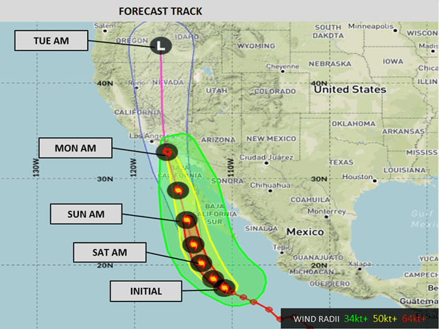 Hurricane Hilary is on track to move over California Sunday night and Monday, dumping widespread heavy rain in the Southwest that is likely to cause flooding. (DTN graphic)