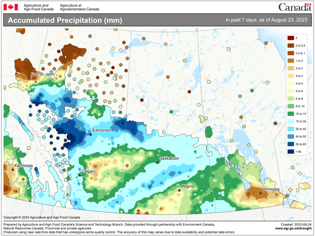 Streaks of moderate to heavy precipitation have moved across the Canadian Prairies during the last week. (DTN graphic)