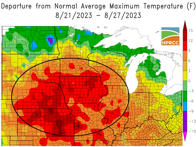 Aug. 21-27 high temperatures ran from 9 to 15 degrees Fahrenheit above normal in much of the Western Corn Belt. (High Plains Regional Climate Center graphic)