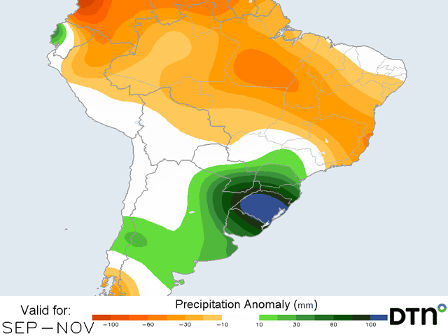 The seasonal forecast through November is a favorable one for most of South America&#039;s growing areas. Above-normal rainfall in Argentina and southern Brazil will be a change from previous years. Drier conditions in central Brazil may not be all that bad. (DTN graphic)