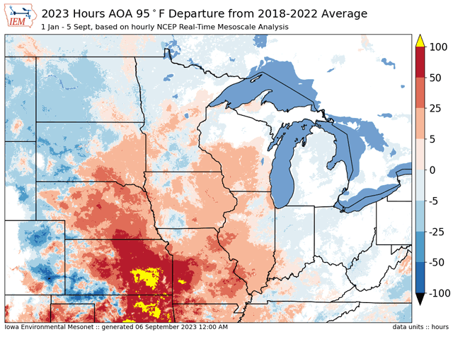 Temperatures above 95 degrees Fahrenheit were more frequent this year than the previous five-year average for most of the central and Western Corn Belt. (Iowa Environmental Mesonet graphic)