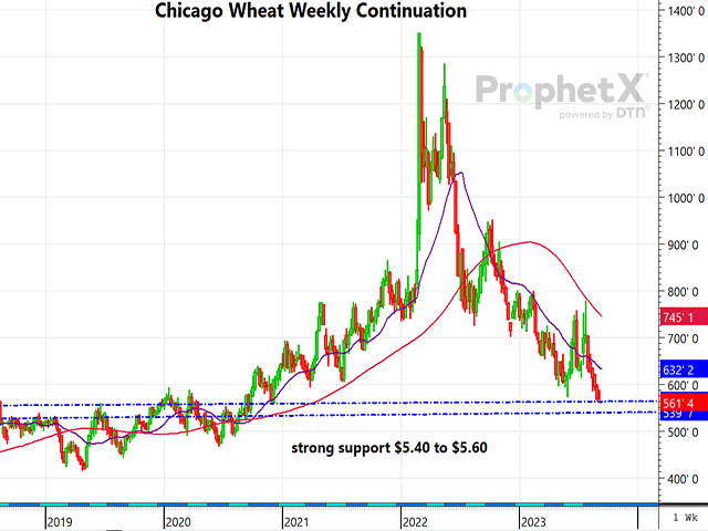 This is a weekly continuation chart of Chicago wheat, reflecting the front month, which appears to be nearing some solid weekly support in the $5.40 to $5.60 area. 