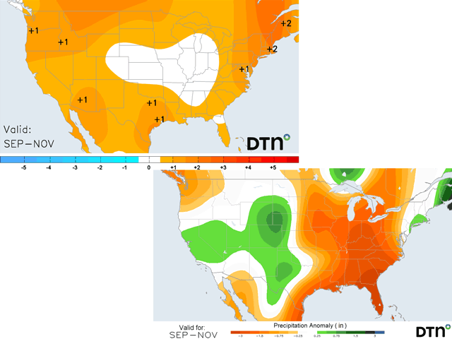 The temperature and precipitation outlook from DTN shows relatively benign conditions on average for harvest through the end of November, but there are some details to discuss. Though these images are valid through the end of November, they are heavily weighted on the September forecast. (DTN graphic)