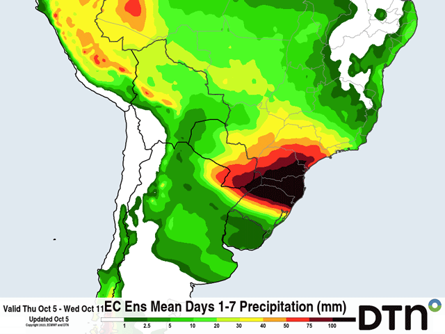 The forecast for the next week looks a lot like the previous weeks as the pattern has refused to change for South America. (DTN graphic)