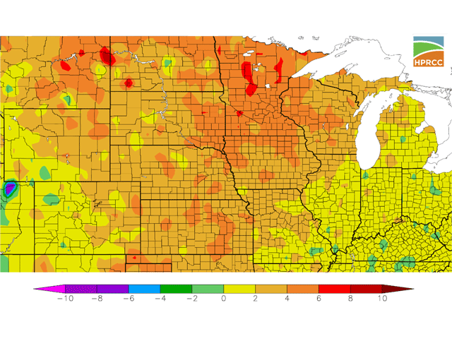 September temperatures in the Western Corn Belt were as much as 6 to 8 degrees Fahrenheit above normal, which led to faster crop drying, as well as some reduced yields. Map shows difference from normal for September temps. (HPRCC graphic)