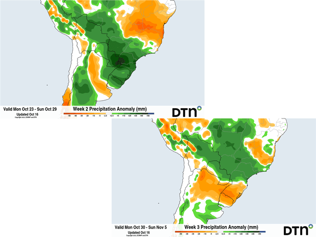 The forecast for central Brazil at the end of October and start of November is calling for much-needed rainfall. (DTN graphic)