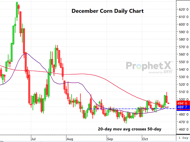 This is a daily chart of December corn, which last week broke out above the key $5.00 resistance level, only to head back down below that on Friday on wetter South American forecast. (DTN ProphetX chart by Dana Mantini)
