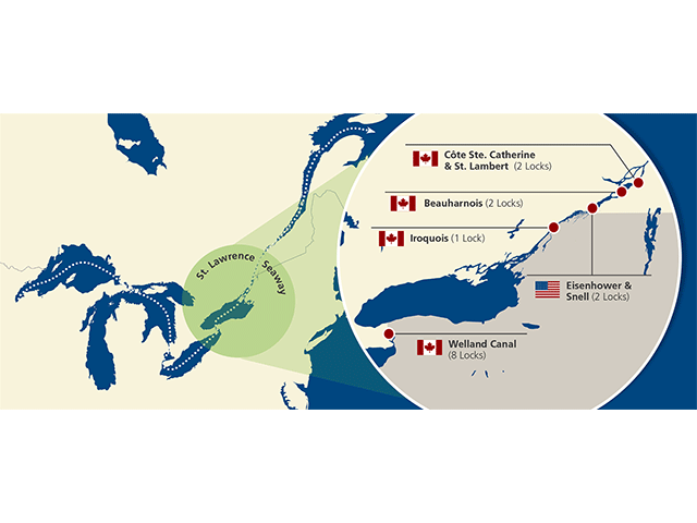 The Unifor striking workers were from the 13 Canadian locks, but not the two U.S.-based locks. Given that all the locks operate as a single system, any closure at a lock suspends operations of the entire system. This happened the past seven days. This was the first strike-related, midseason closure of the St. Lawrence Seaway since June 1968. (Photo from St. Lawrence Seaway Management Corporation Website)