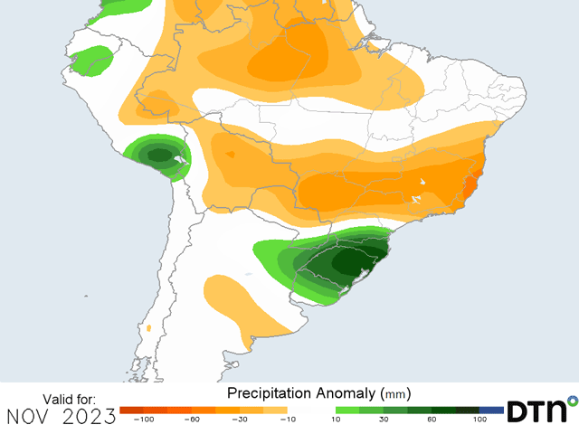 The DTN forecast shows near- or below-normal rainfall in central Brazil for November, but this is in direct conflict with long-range computer models, which show drastic deficits for the month. (DTN graphic)