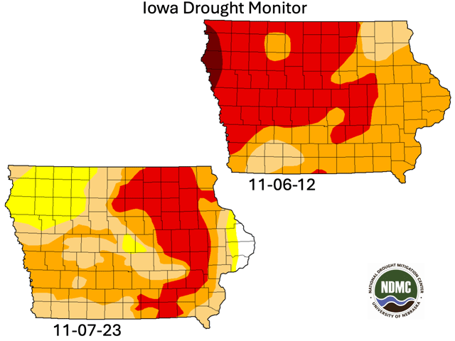 Dryness and drought cover more than 90% of Iowa in early November, the most extensive coverage since the record drought of 2012. (Drought Monitor graphic)